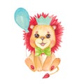 Watercolor illustration of a cute baby lion cub. Festive character in a crown, bow, balloon Safari animal for invitation Royalty Free Stock Photo