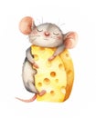 Watercolor illustration of a cute baby mouse hugging a piece of cheese. Royalty Free Stock Photo