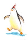 Party penguin walking aimlessly watercolor illustration