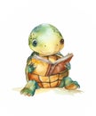 Watercolor illustration of a cute baby turtle reading a book. Royalty Free Stock Photo
