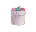 Watercolor illustration of a cute bascet with colorful Easter eggs separeted on the white background