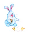 Watercolor illustration of a cute blue Easter bunny loaf feeding chickens.