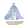 Watercolor illustration of a cute boat with blue striped sails and a flag on the mast in pastel colors. Royalty Free Stock Photo