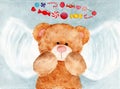 Watercolor illustration of a cute brown teddy bear making a snow angel