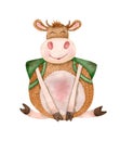 Watercolor illustration with cute bull with school bag. Cartoon calf character on back to school theme