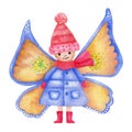 Watercolor illustration, cute butterfly in a blue coat, red cap and scarf.