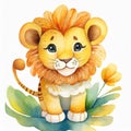 Watercolor illustration of cute cartoon baby lion on white background. Wild animal. Adorable creature. Hand drawn art. Royalty Free Stock Photo