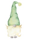 Watercolor illustration of cute christmas gnome in green hat isolated on white background Royalty Free Stock Photo