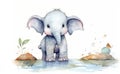 Watercolor Illustration of Cute Elephant. Cartoon african animal. Isolated on white background. Ideal for childrens Royalty Free Stock Photo