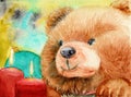 Watercolor illustration of a cute fluffy brown teddy bear