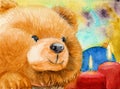 Watercolor illustration of a cute fluffy brown teddy bear