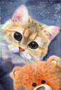 Watercolor illustration of a cute fluffy fawn cat with big black eyes Royalty Free Stock Photo