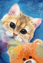 Watercolor illustration of a cute fluffy fawn cat with big black eyes Royalty Free Stock Photo