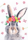 Watercolor illustration of a cute fluffy grey rabbit with pink ears Royalty Free Stock Photo