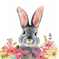 Watercolor illustration of a cute fluffy grey rabbit with pink ears Royalty Free Stock Photo