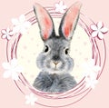 Watercolor illustration of a cute fluffy grey rabbit Royalty Free Stock Photo