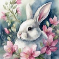 Watercolor illustration of cute fluffy white rabbit with pink flowers. Happy Easter. Flora and fauna Royalty Free Stock Photo