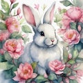 Watercolor illustration of cute fluffy white rabbit with pink flowers. Happy Easter. Flora and fauna Royalty Free Stock Photo