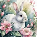 Watercolor illustration of cute fluffy white rabbit with pink flowers. Happy Easter. Flora and fauna Royalty Free Stock Photo