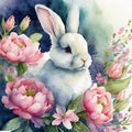 Watercolor illustration of cute fluffy white rabbit with pink flowers. Happy Easter. Flora and fauna Royalty Free Stock Photo