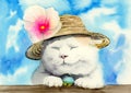 Watercolor illustration of a cute funny white cat in a straw hat Royalty Free Stock Photo