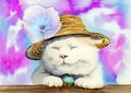 Watercolor illustration of a cute funny white cat in a straw hat with a pink flower Royalty Free Stock Photo