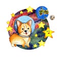 Watercolor illustration of a cute ginger corgi puppy wearing a helmet looking at the earth from outer space Royalty Free Stock Photo