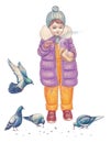 Watercolor illustration. A cute girl feeds her bread to pigeons in cold weather. Autumn, the month of November.