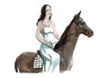 Watercolor illustration girl on horseback colorful isolated object on white background for advertisement