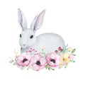 Watercolor illustration of a cute gray and white Easter bunny with a bouquet