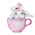 Watercolor illustration of a cute gray and white Easter bunny with a bouquet
