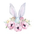 Watercolor illustration of cute gray and white Easter bunny ears with a bouquet