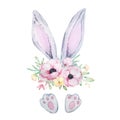 Watercolor illustration of cute gray and white Easter bunny ears and paws with a bouquet