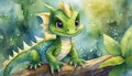 Watercolor illustration of cute green dragon with wings in nature. Adorable fantasy animal Royalty Free Stock Photo