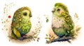 Watercolor illustration of cute kakapo parrot on branch, printable painting