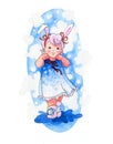 Watercolor illustration. Cute kawaii girls in the form of signs of the Gita horoscope. The humanization of a hare