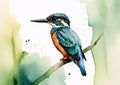 Watercolor illustration of cute kingfisher