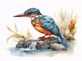 Watercolor illustration of cute kingfisher