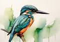 Watercolor illustration of cute kingfisher