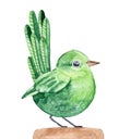 Watercolor illustration of cute little bird sitting on wooden stump.