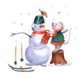 Watercolor illustration of a cute little mouse and a snowman. Royalty Free Stock Photo