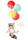 Watercolor illustration.Cute little Racoon with multicolored balloons Royalty Free Stock Photo