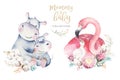 Watercolor cute cartoon illustration with cute mommy flamingo and baby, flower leaves. Mother hippo and baby Royalty Free Stock Photo