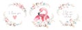 Watercolor cute cartoon illustration with cute mommy flamingo and baby, flower leaves. Mother and baby illustration bird Royalty Free Stock Photo