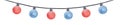 Watercolor illustration of cute multi colored hanging string light with blue and red round bulbs and black wire.