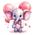 watercolor illustration of cute naive cartoon baby elephant with pink balloons on white background Royalty Free Stock Photo
