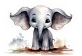 watercolor illustration of cute naive cartoon baby elephant standing, on white background