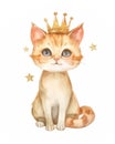 Watercolor illustration of a cute orange cat with golden crown. Royalty Free Stock Photo