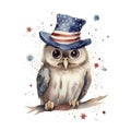 Watercolor illustration of a cute owl in a hat with stars. American flag. Ai generated