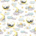 Watercolor illustration of a cute panda sleeping on the moon with lilac flowers, among clouds and stars. Gentle Royalty Free Stock Photo